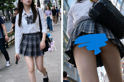 【顔有】風パンチラ×逆さ撮り｜チェックミニの街角パンチラコ...