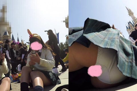 【夢の国JK④】あまりに無防備。純白Pの超接写、お尻の形丸わかり