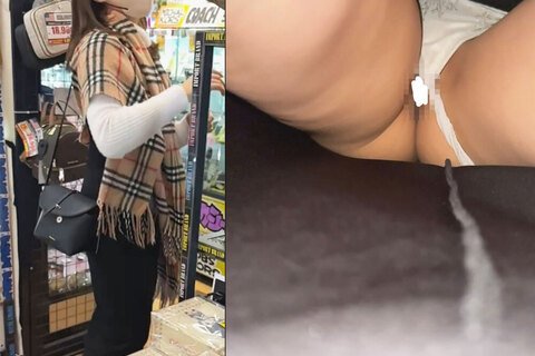 え！パンツずれてる！ほぼマ●コ出てる状態でハイブラ鞄をお買...