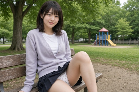 【公園ベンチ】私服で足を開いて微笑む綿パンパンチラ動画集