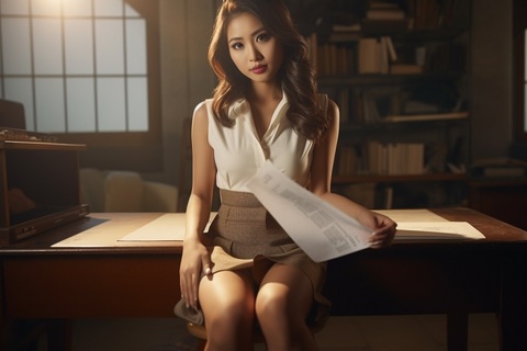 【AIミニスカOL】そそるパンスト美脚、タイトミニスカの裾