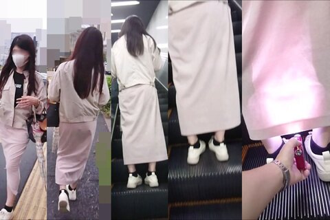 逆さの決定的瞬間！薄いベージュ色のロングタイトスカート女子